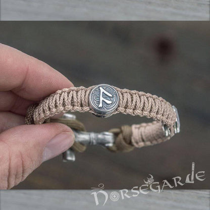 Handcrafted Cream Paracord Bracelet with Mjölnir and Runes - Sterling Silver