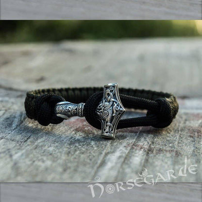 Handcrafted Dark Olive Paracord Bracelet with Mjölnir - Sterling Silver