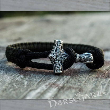 Handcrafted Dark Olive Paracord Bracelet with Mjölnir - Sterling Silver