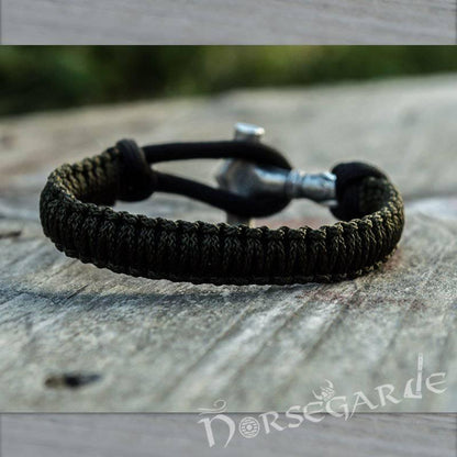 Handcrafted Dark Olive Paracord Bracelet with Mjölnir - Sterling Silver