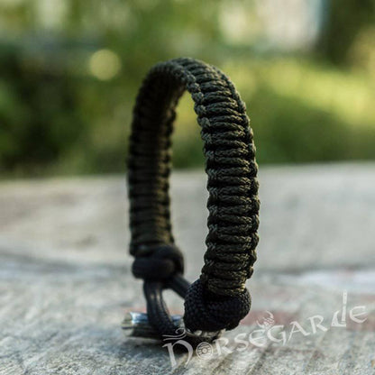 Handcrafted Dark Olive Paracord Bracelet with Mjölnir - Sterling Silver