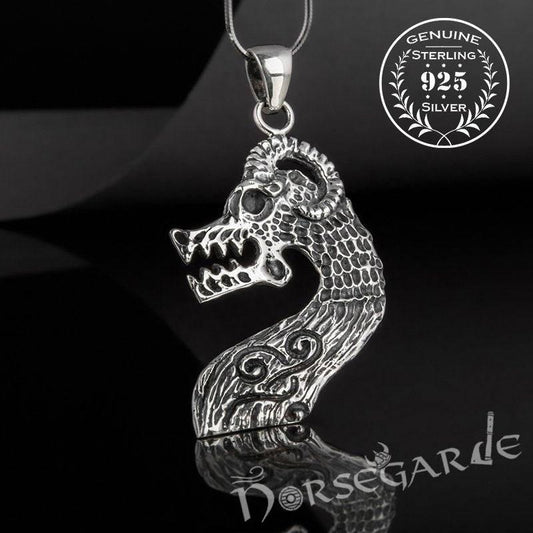 Handcrafted Drakkar Dragon Headpiece Pendant - Sterling Silver