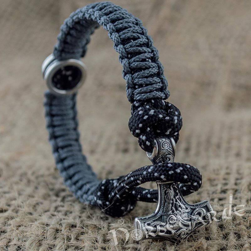 Handcrafted Dusky Paracord Bracelet with Mjölnir and Rune - Sterling Silver
