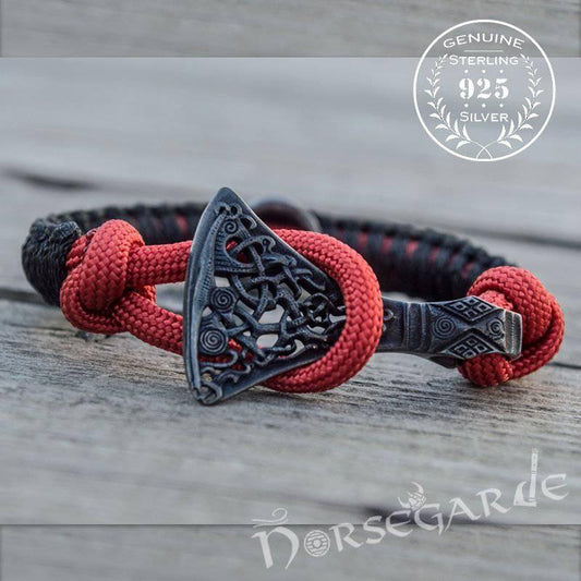 Handcrafted Embers Paracord Bracelet with Axe Head and Rune - Ruthenium Plated Sterling Silver