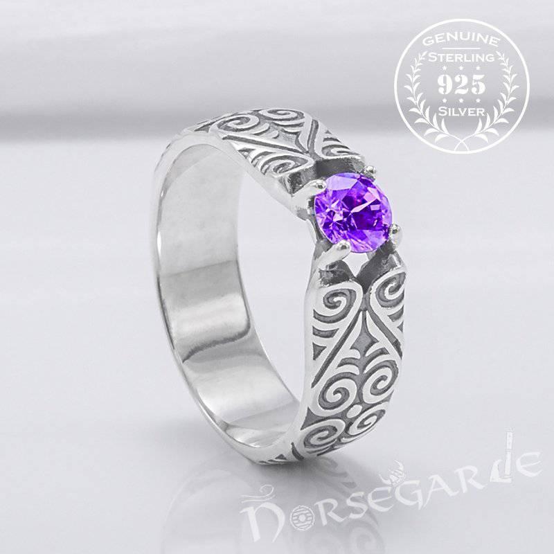 Handcrafted Floral Pattern Band with Gem - Sterling Silver