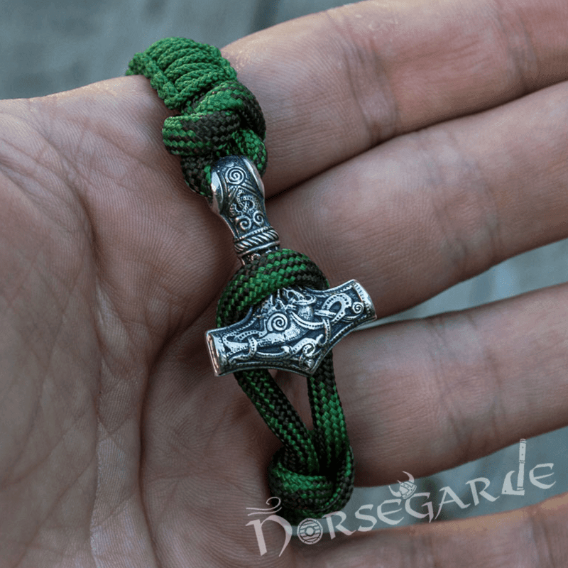 Handcrafted Forest Paracord Bracelet with Mjölnir - Sterling Silver
