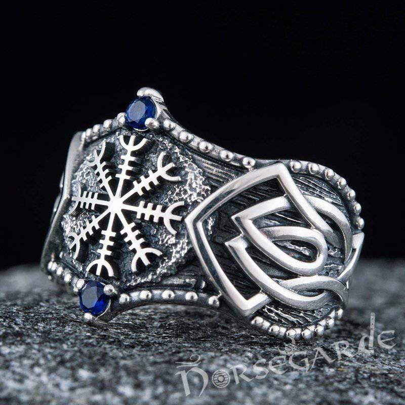 Handcrafted Gemmed Helm of Awe Celtic Ring - Sterling Silver