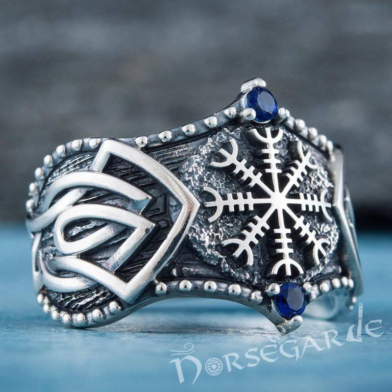 Handcrafted Gemmed Helm of Awe Celtic Ring - Sterling Silver