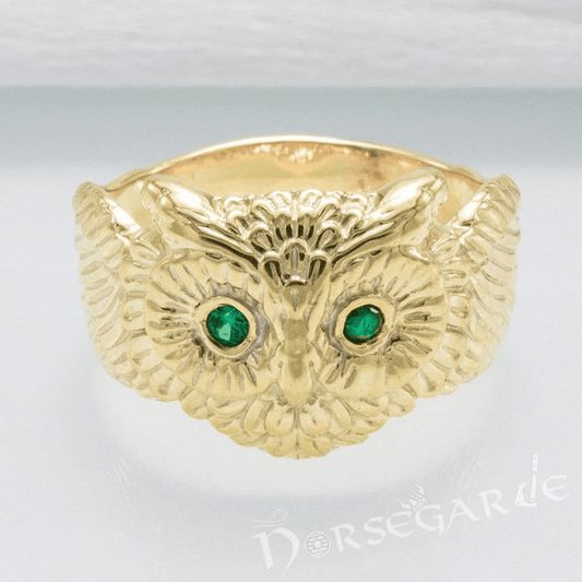 Handcrafted Gemmed Owl Ring - Gold with Emerald