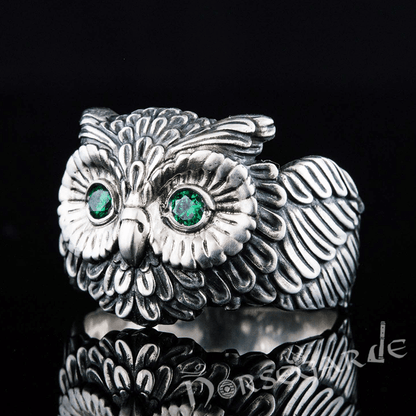 Handcrafted Gemmed Owl Ring - Sterling Silver