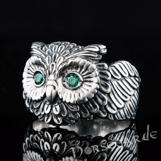 Handcrafted Gemmed Owl Ring - Sterling Silver