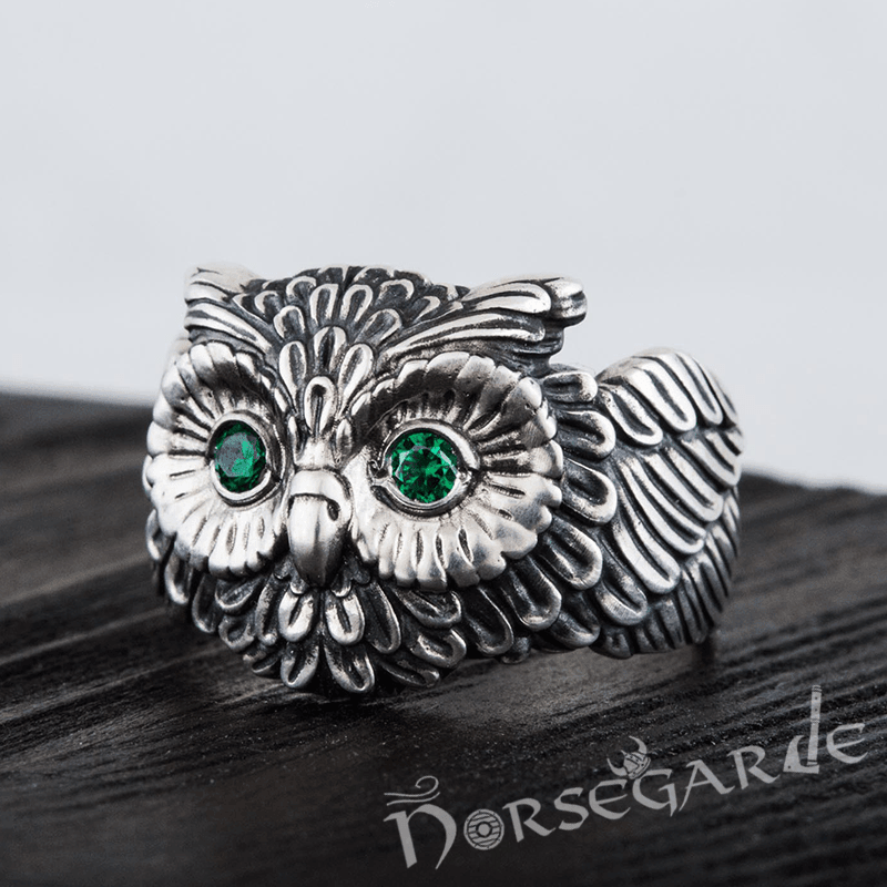 Handcrafted Gemmed Owl Ring - Sterling Silver