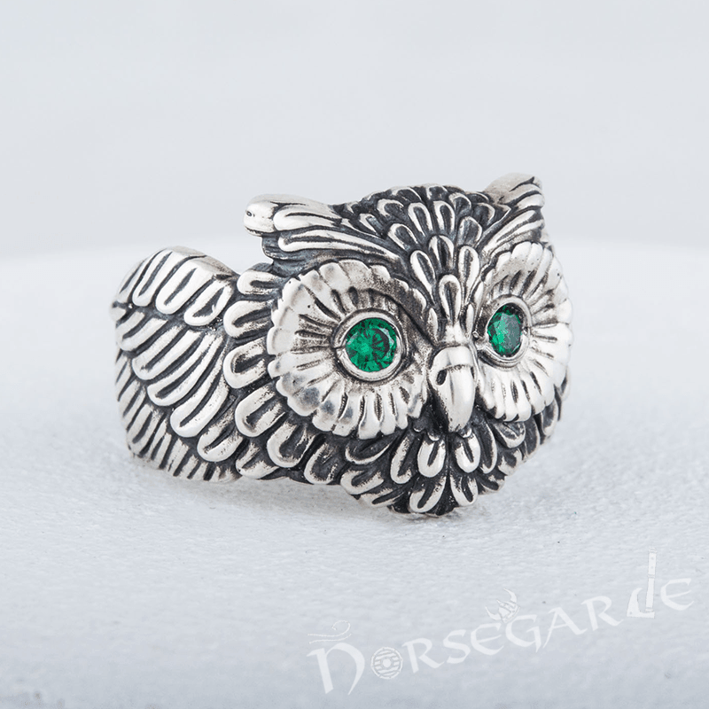 Handcrafted Gemmed Owl Ring - Sterling Silver