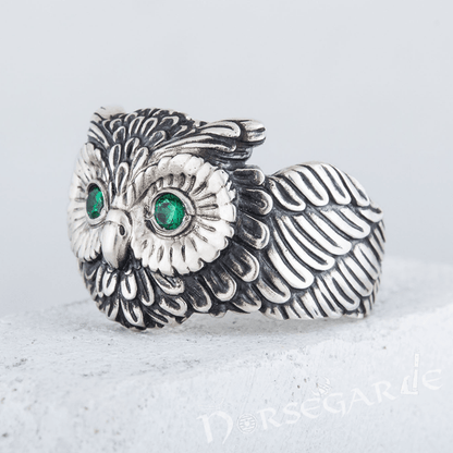 Handcrafted Gemmed Owl Ring - Sterling Silver