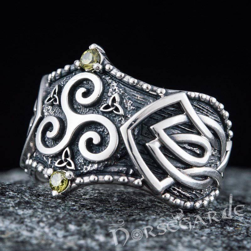 Handcrafted Gemmed Triskelion Celtic Ring - Sterling Silver