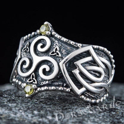 Handcrafted Gemmed Triskelion Celtic Ring - Sterling Silver
