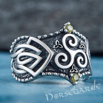 Handcrafted Gemmed Triskelion Celtic Ring - Sterling Silver