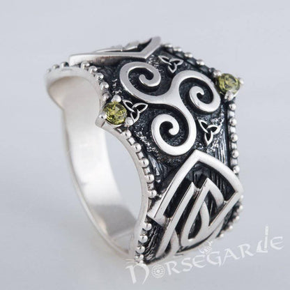 Handcrafted Gemmed Triskelion Celtic Ring - Sterling Silver