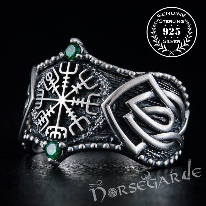 Handcrafted Gemmed Vegvisir Celtic Ring - Sterling Silver