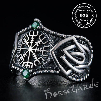 Handcrafted Gemmed Vegvisir Celtic Ring - Sterling Silver