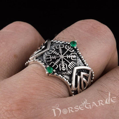 Handcrafted Gemmed Vegvisir Celtic Ring - Sterling Silver