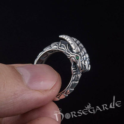 Handcrafted Green Eyed Jormungandr Ring - Sterling Silver