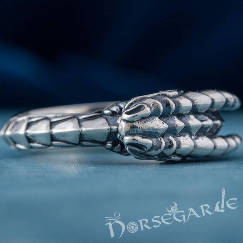 Handcrafted Green Eyed Jormungandr Ring - Sterling Silver