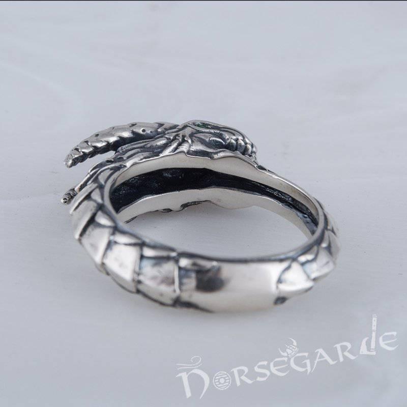 Handcrafted Green Eyed Jormungandr Ring - Sterling Silver