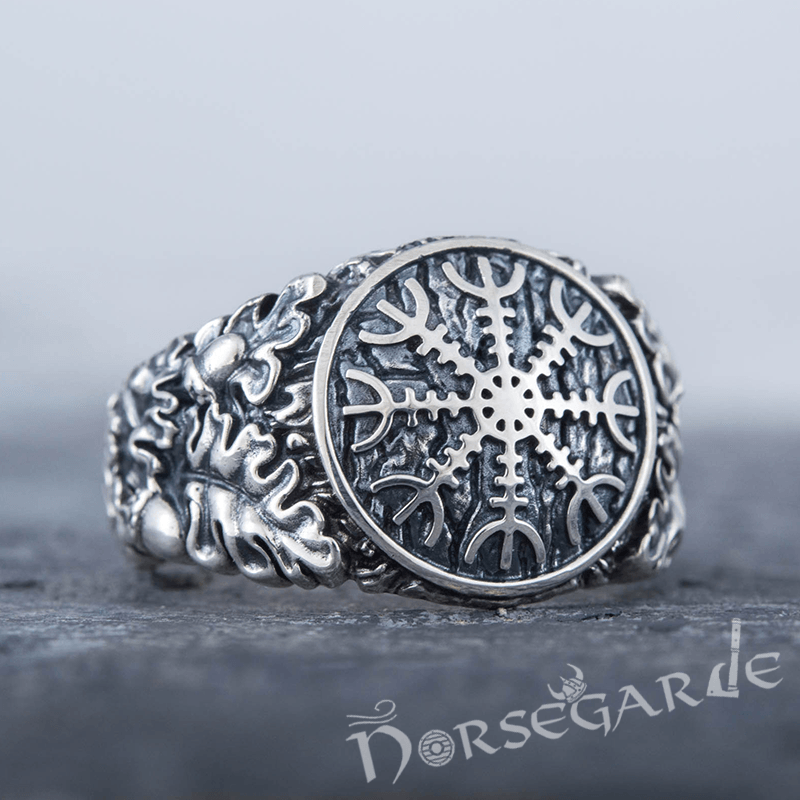 Handcrafted Helm of Awe Rune Oak Leaves Ring - Sterling Silver