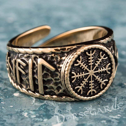Handcrafted Helm of Awe Runic Signet Ring - Bronze