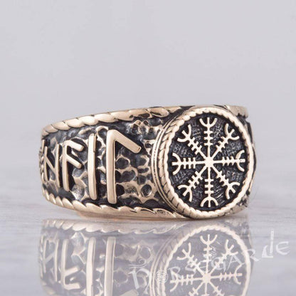 Handcrafted Helm of Awe Runic Signet Ring - Bronze