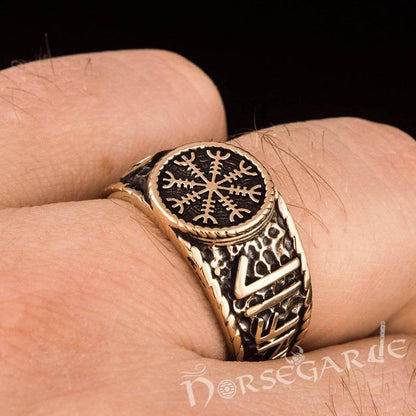 Handcrafted Helm of Awe Runic Signet Ring - Bronze