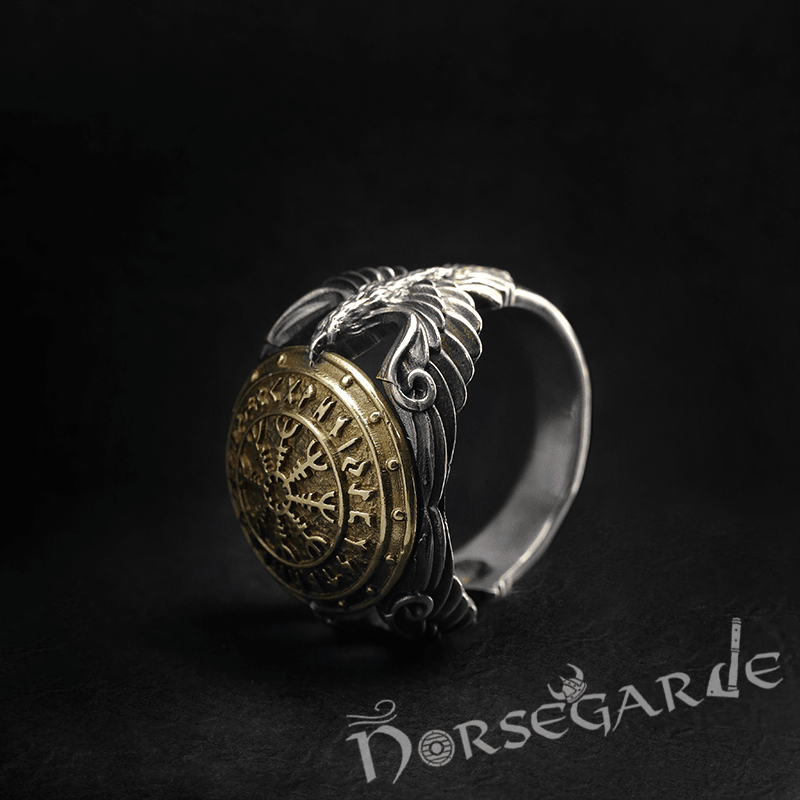 Handcrafted Helm of Awe Shield and Ravens Ring - Sterling Silver & Brass