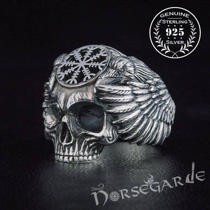 Handcrafted Helm of Awe Skull and Ravens Ring - Sterling Silver
