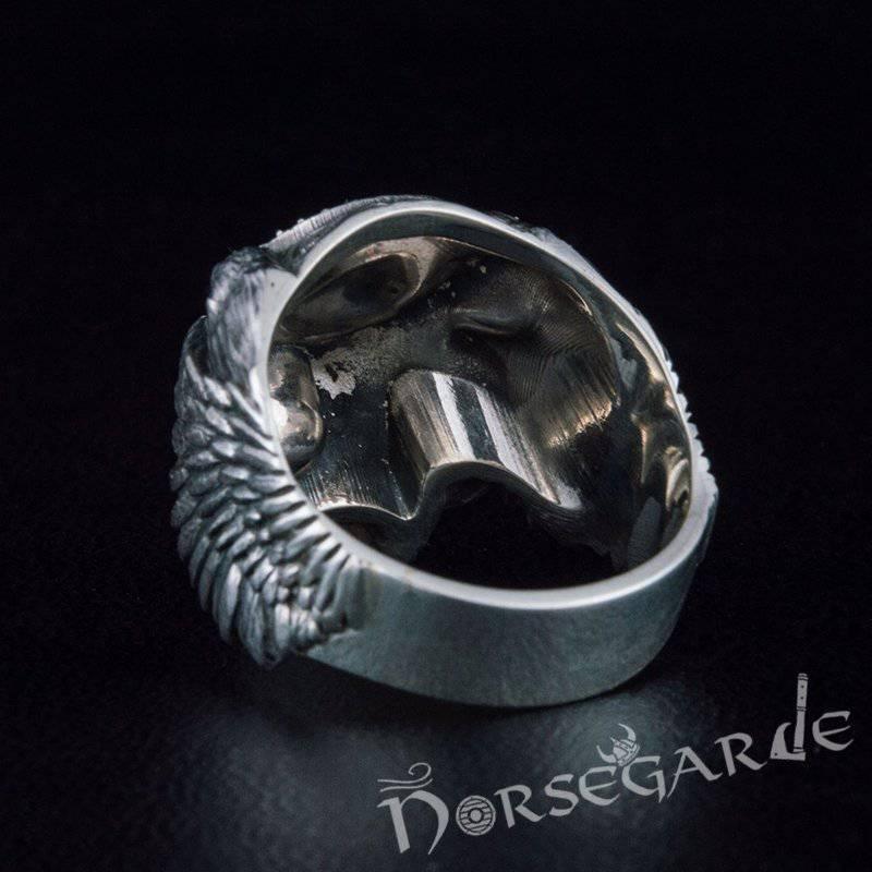 Handcrafted Helm of Awe Skull and Ravens Ring - Sterling Silver