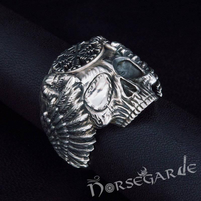 Handcrafted Helm of Awe Skull and Ravens Ring - Sterling Silver