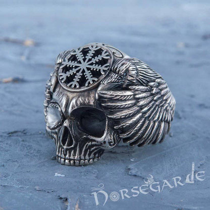 Handcrafted Helm of Awe Skull and Ravens Ring - Sterling Silver