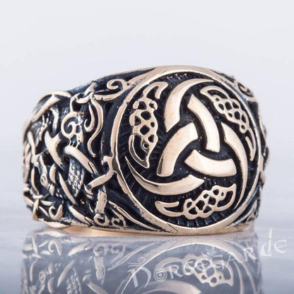 Handcrafted Horn Triskelion Mammen Style Ring - Bronze