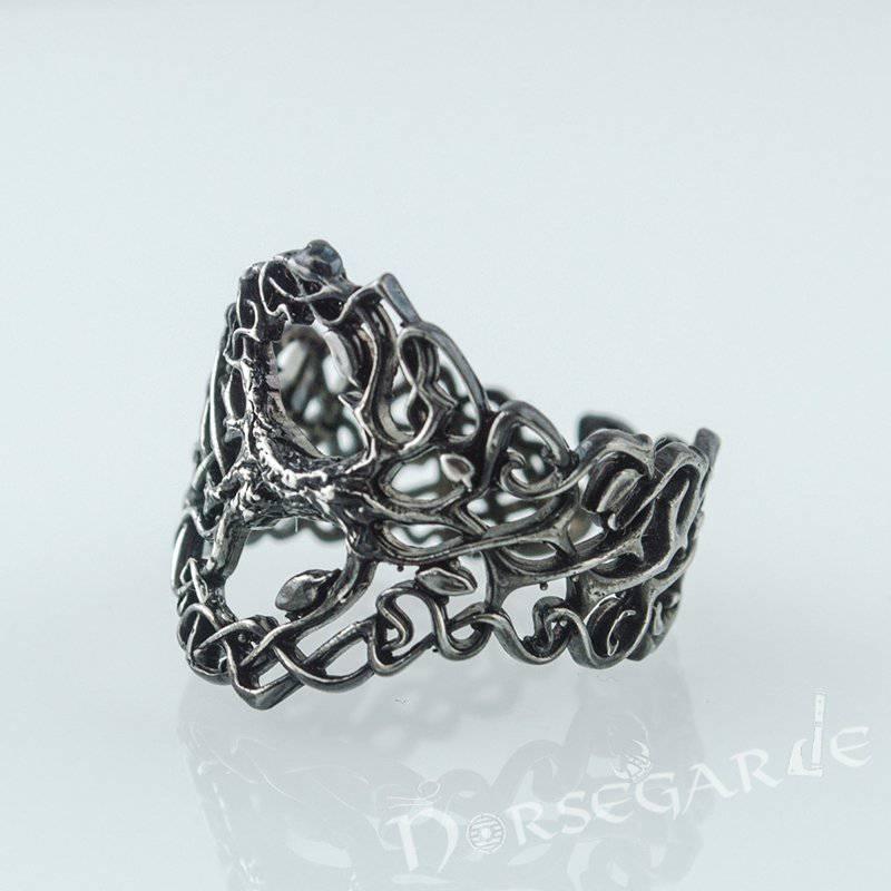 Handcrafted Intertwined Yggdrasil Ring - Ruthenium Plated Sterling Silver