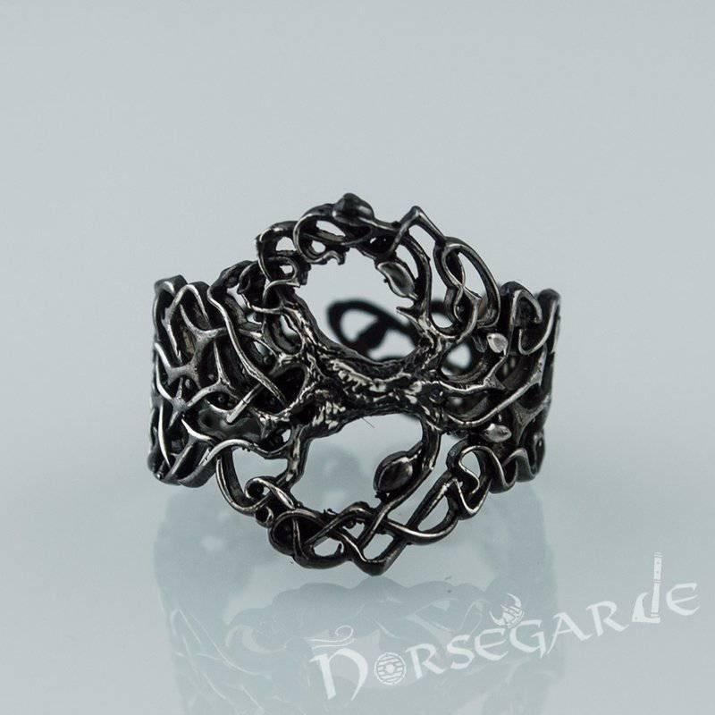 Handcrafted Intertwined Yggdrasil Ring - Ruthenium Plated Sterling Silver