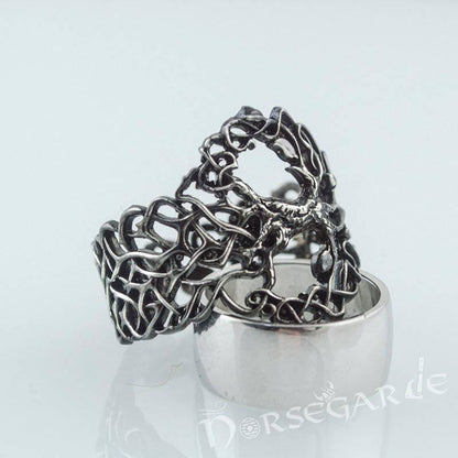 Handcrafted Intertwined Yggdrasil Ring - Ruthenium Plated Sterling Silver