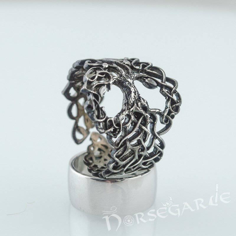 Handcrafted Intertwined Yggdrasil Ring - Ruthenium Plated Sterling Silver