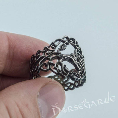 Handcrafted Intertwined Yggdrasil Ring - Ruthenium Plated Sterling Silver