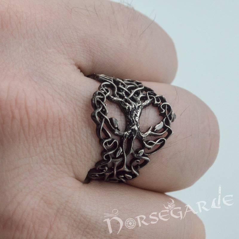Handcrafted Intertwined Yggdrasil Ring - Ruthenium Plated Sterling Silver