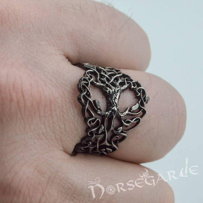 Handcrafted Intertwined Yggdrasil Ring - Ruthenium Plated Sterling Silver