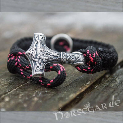 Handcrafted Night Paracord Bracelet with Mjölnir and Rune - Sterling Silver