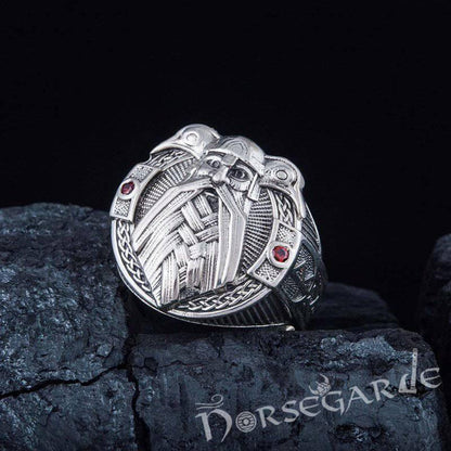 Handcrafted Odin and Ravens Ring - Sterling Silver