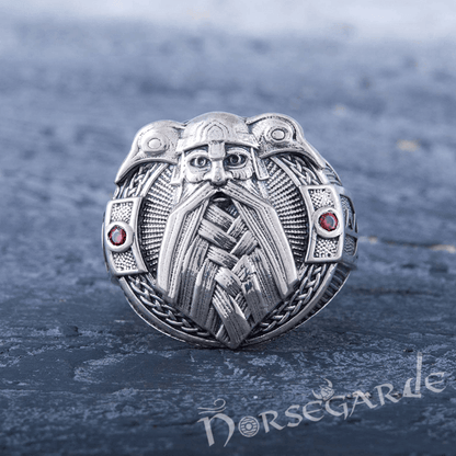 Handcrafted Odin and Ravens Ring - Sterling Silver