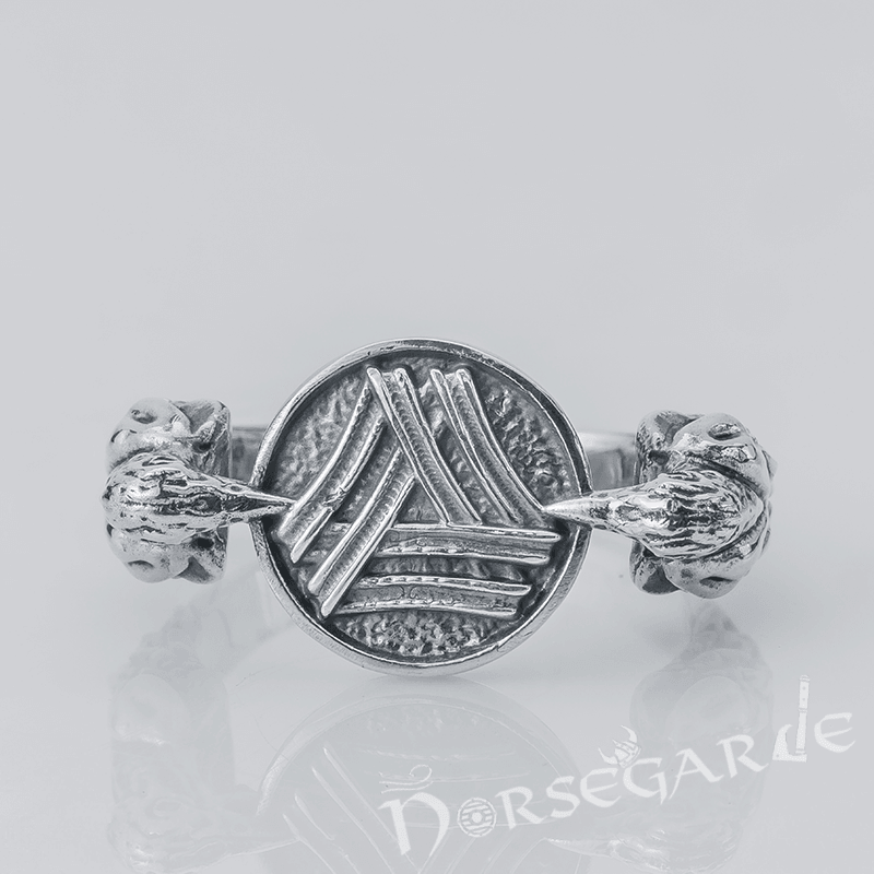 Handcrafted Odin Ravens and Valknut Ring - Sterling Silver
