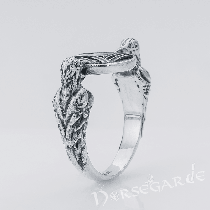 Handcrafted Odin Ravens and Valknut Ring - Sterling Silver